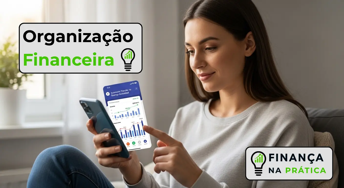 Pessoa usando celular com gráficos de economia e apps de finanças pessoais