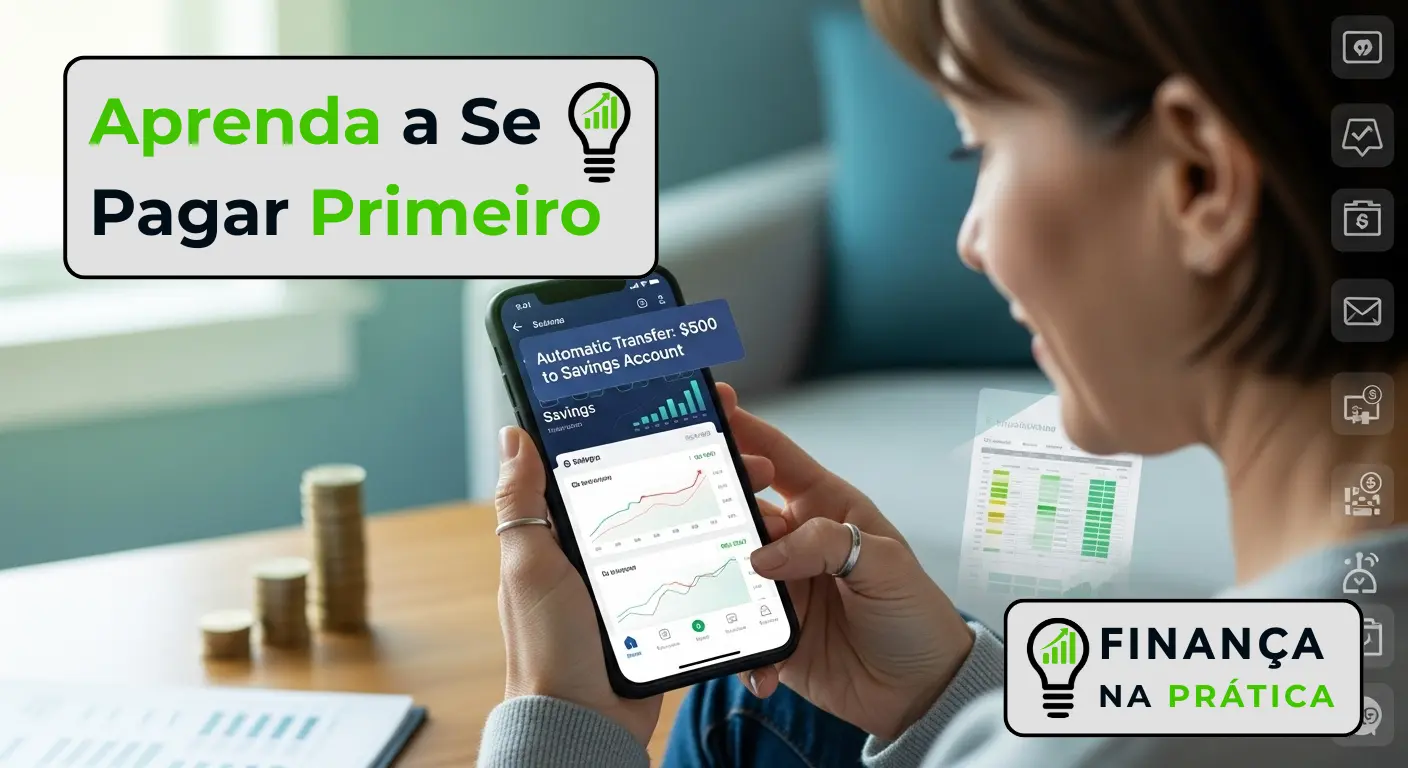 Pessoa usando celular com gráficos de economia e frase Aprenda a se pagar primeiro