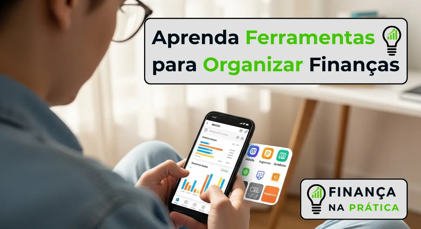 Pessoa usando celular com apps de finanças pessoais e gráficos de orçamento na tela