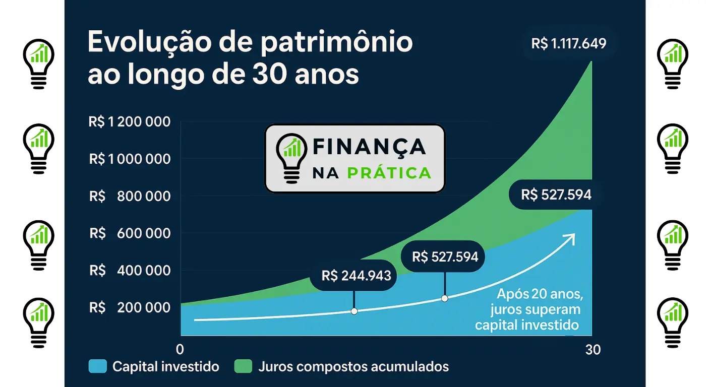 Gráfico exponencial mostrando crescimento de investimento mensal ao longo de 30 anos com poder dos juros compostos