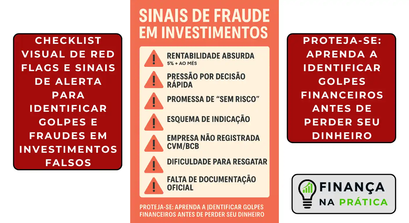 Checklist visual de red flags e sinais de alerta para identificar golpes e fraudes em investimentos falsos