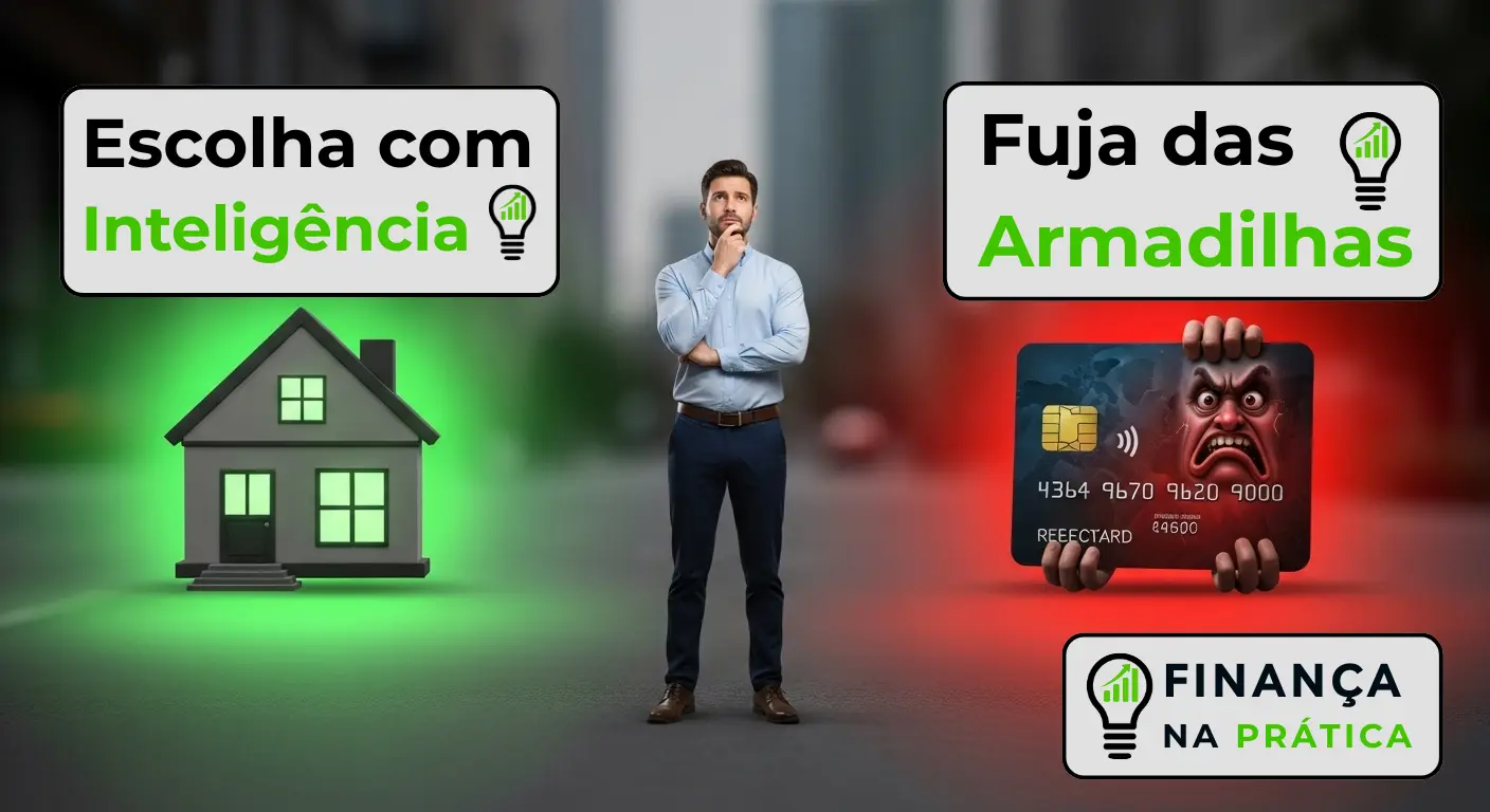 Homem pensativo diante de duas opções: uma casa de um lado e um cartão de crédito do outro, simbolizando crédito bom e crédito ruim